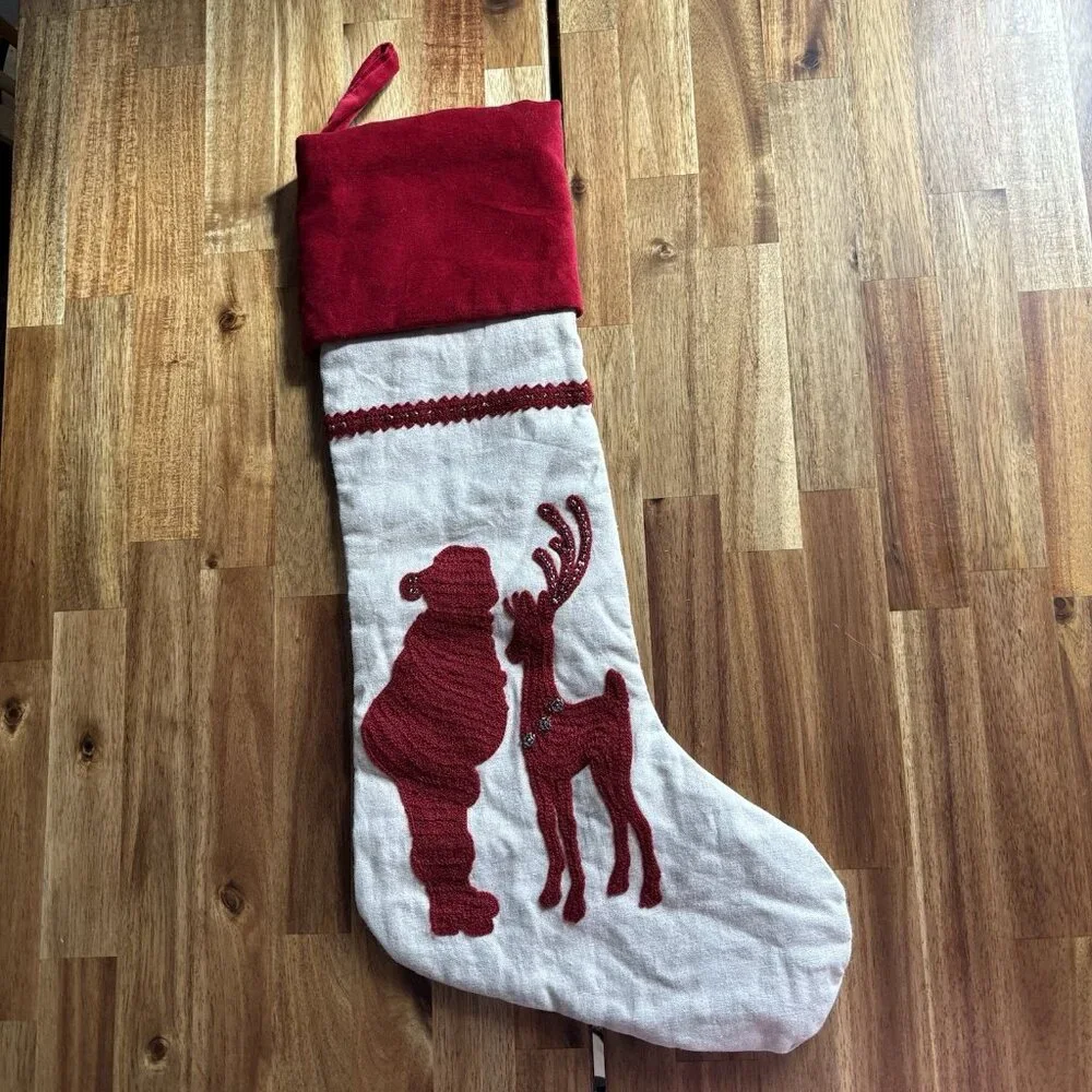 1 Pottery Barn Kids Christmas Stocking Santa Claus Reindeer Linen Velvet Holiday